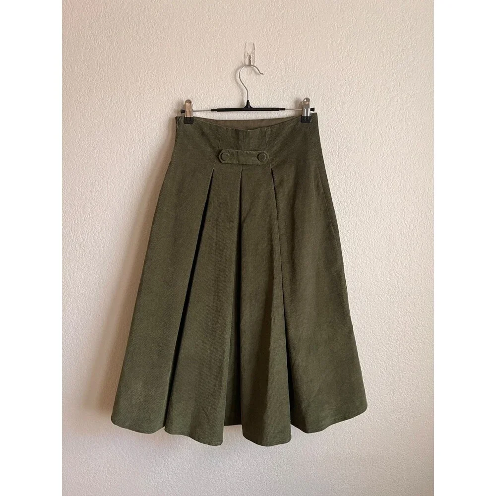 agnes b Corduroy Pleated A-Line Midi Skirt in Olive Green Size 36/SMALL